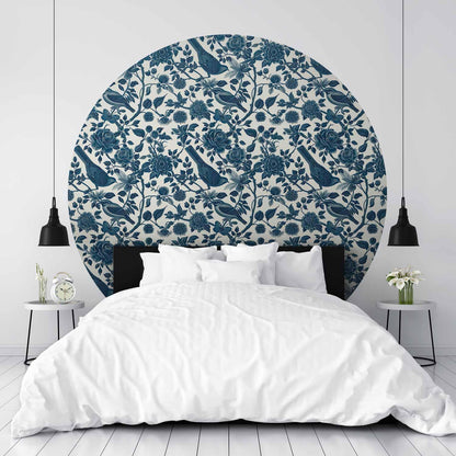 Runde Fototapete - Birds and roses - monochrome blue pattern with botanical motif