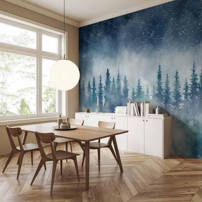 Fototapete - Night landscape - landscape of a misty forest at night with a starry sky