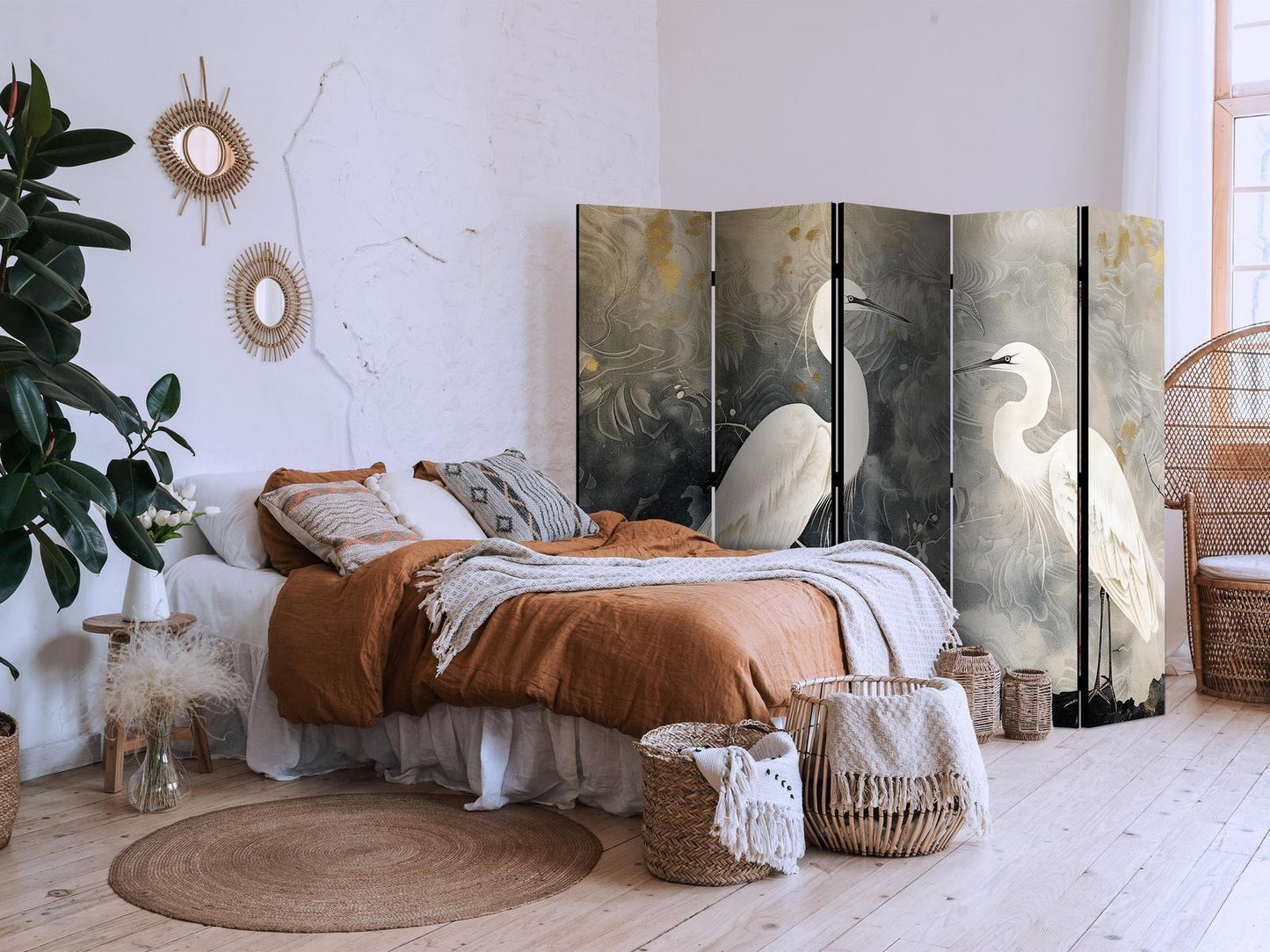 Paravent - Herons and cherry blossoms - oriental-style illustration depicting birds