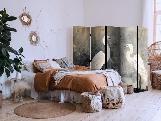 Paravent - Herons and cherry blossoms - oriental-style illustration depicting birds