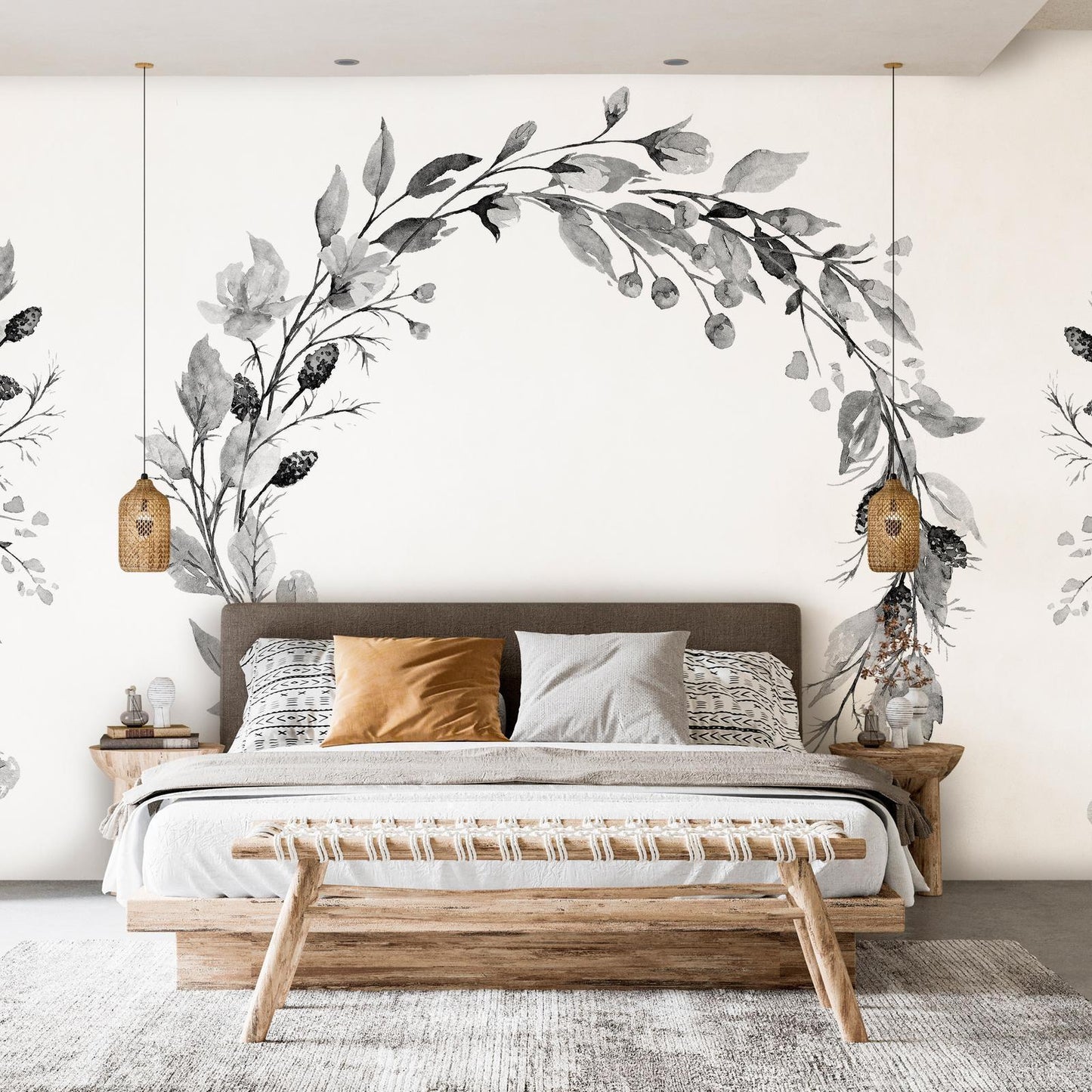 Fototapete - Romantic wreath - grey plant motif with leaves with rose pattern Artgeist