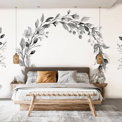 Fototapete - Romantic wreath - grey plant motif with leaves with rose pattern Artgeist