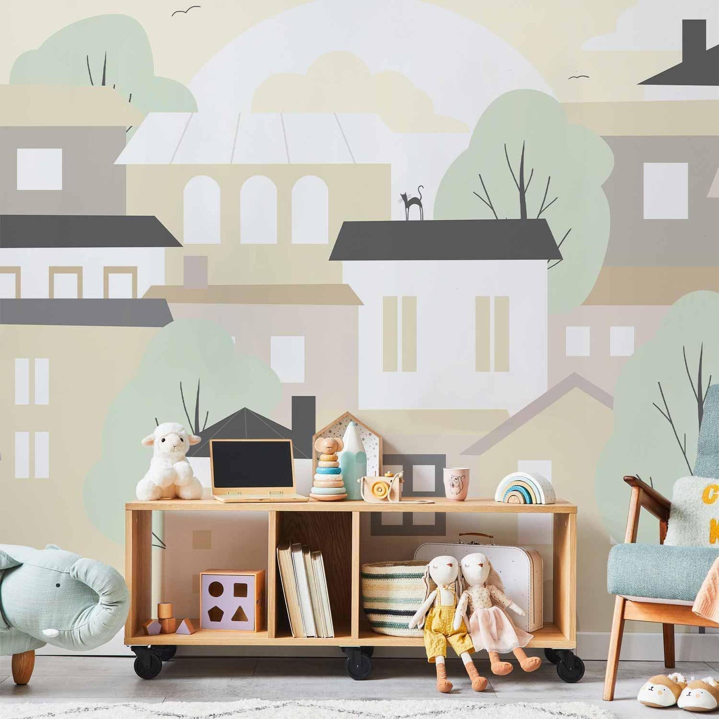 Fototapete - Yellow town - city suburb with trees and cats for children