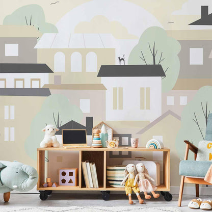 Fototapete - Yellow town - city suburb with trees and cats for children