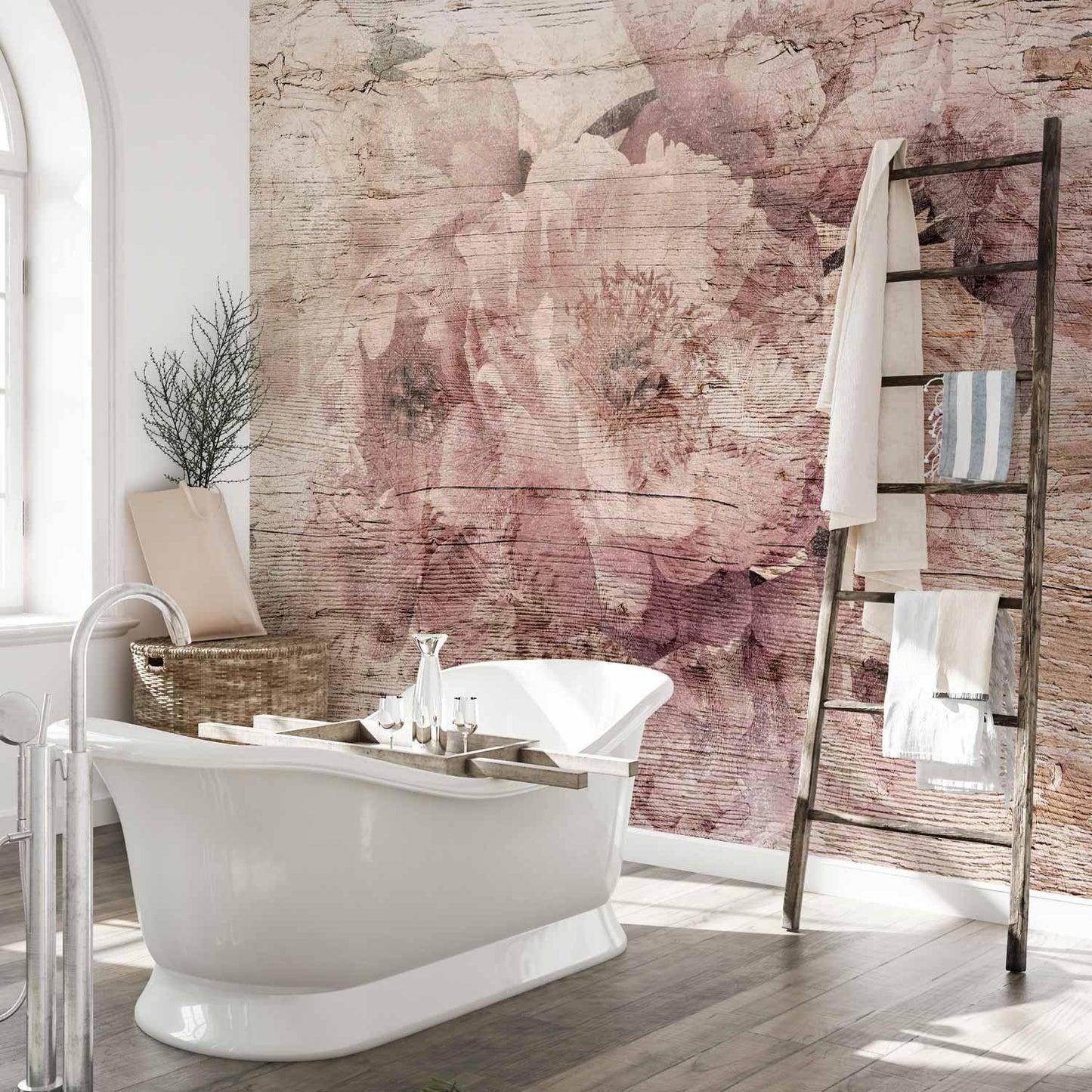 Fototapete Blumen auf Brettern - Romantische Holzoptik im Landhaus-Stil