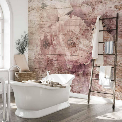 Fototapete Blumen auf Brettern - Romantische Holzoptik im Landhaus-Stil