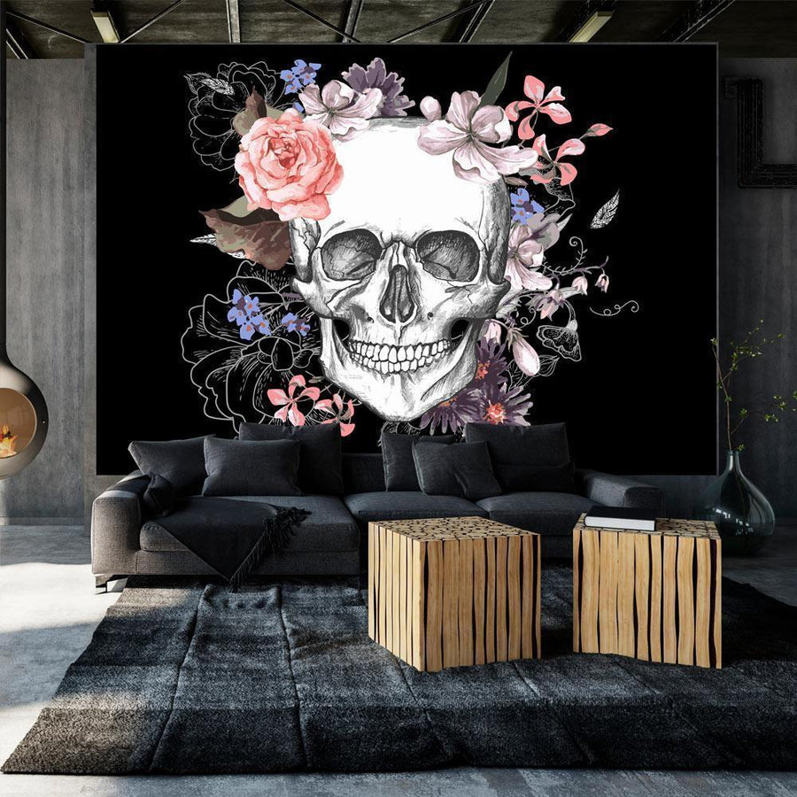 Fototapete Skull and Flowers – Schädel & Blumen in künstlerischem Kontrast