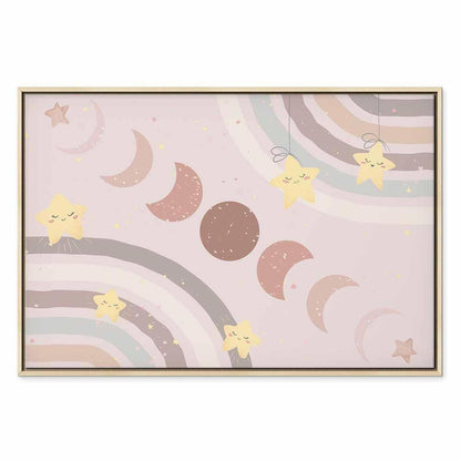 Leinwandbild - Joyful Sky - Yellow Cheerful Stars with a Rainbow Against the Phases of the Moon in a Light Beige Sky Hue