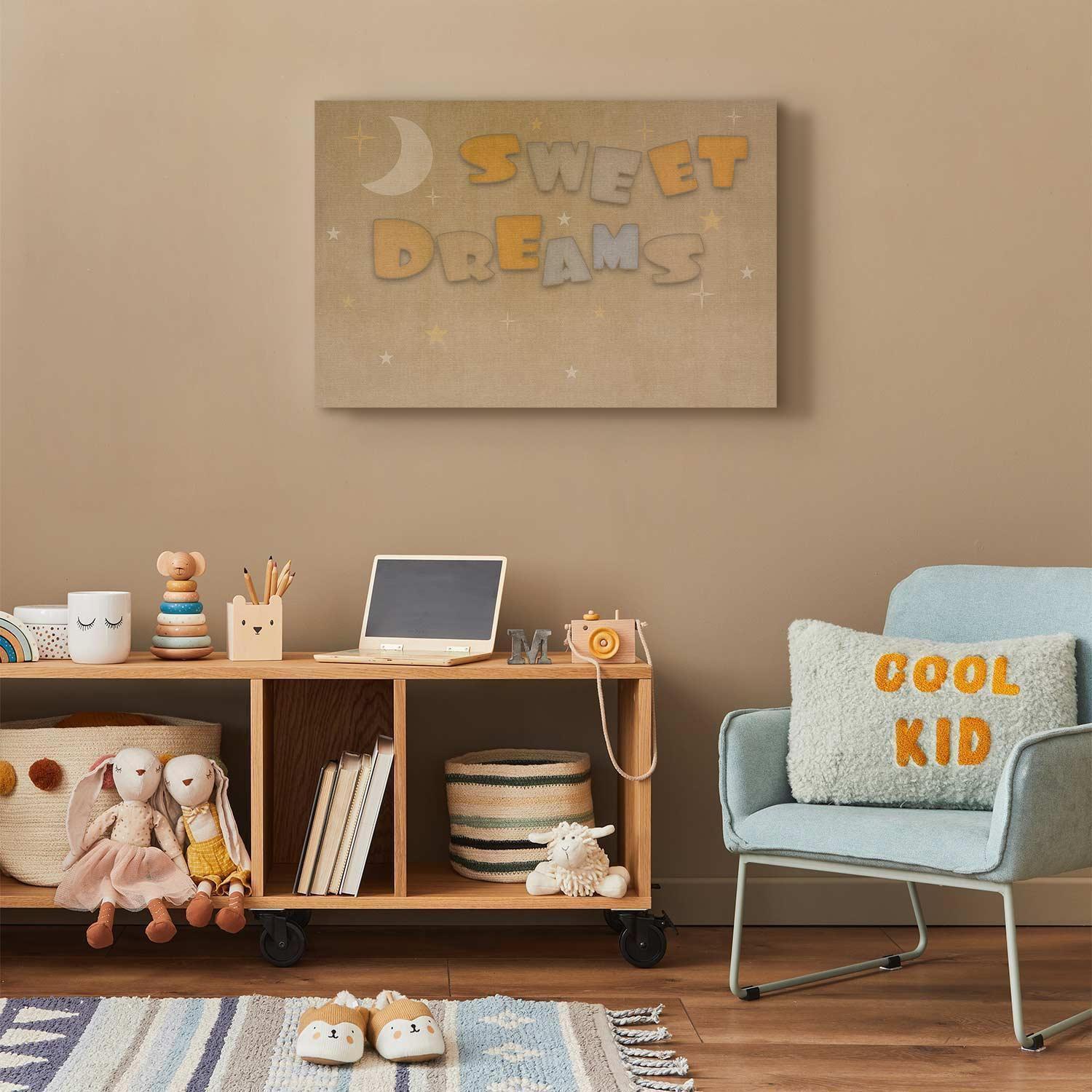Leinwandbild - Sweet Dreams - Pastel Inscription Surrounded by the Moon and Stars Artgeist