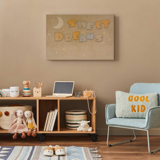 Leinwandbild - Sweet Dreams - Pastel Inscription Surrounded by the Moon and Stars Artgeist