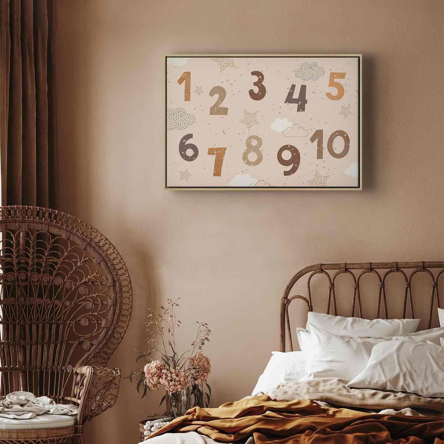 Leinwandbild - Jumping Numbers - Numbers in a Subdued Beige-Brown Hue Among Snowflakes Stars and Clouds Artgeist