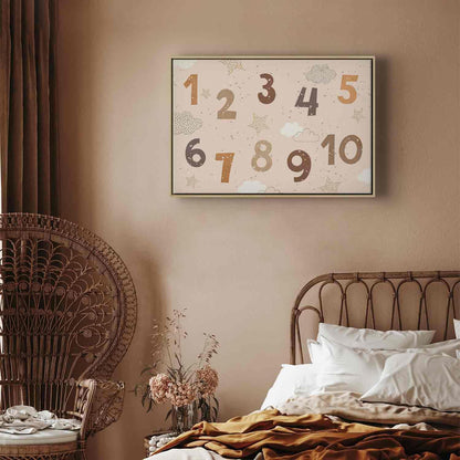 Leinwandbild - Jumping Numbers - Numbers in a Subdued Beige-Brown Hue Among Snowflakes Stars and Clouds Artgeist