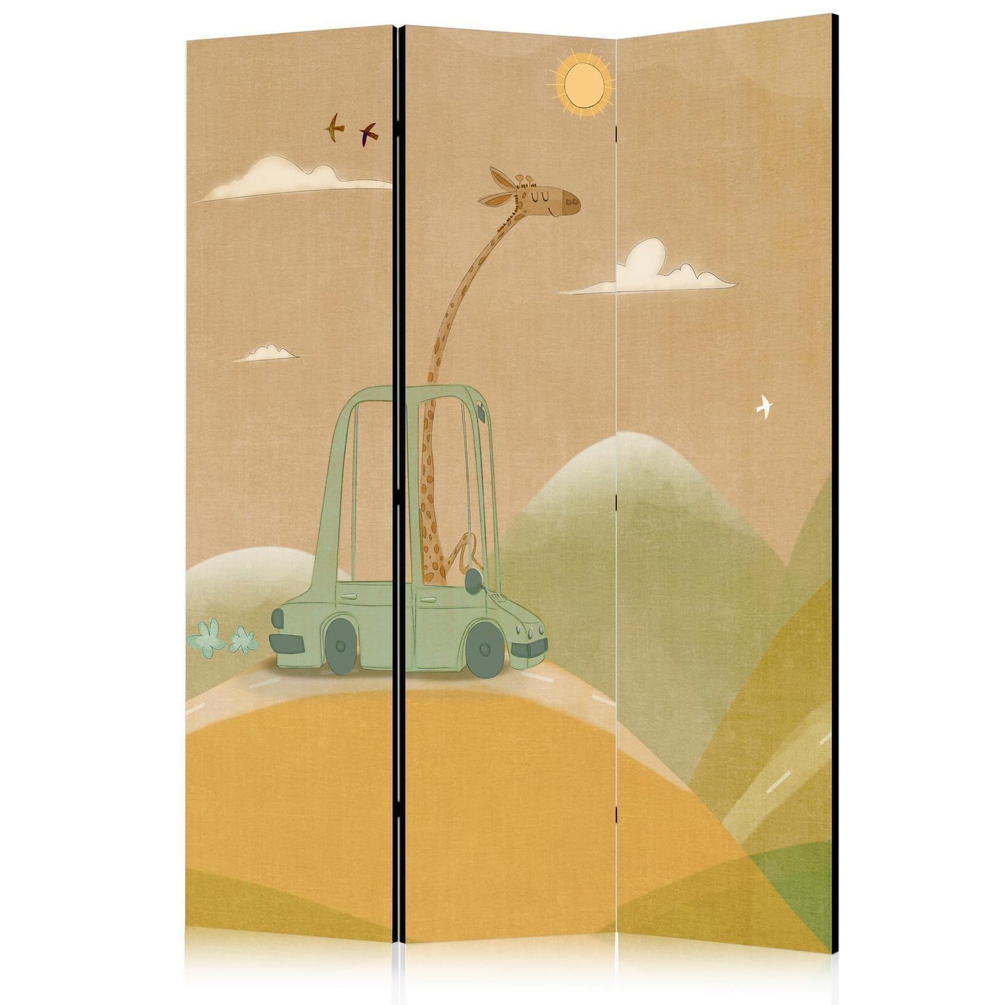 Paravent - Dreamy Traveler - Giraffe Driving a Car on a Beautiful Sunny Day Artgeist