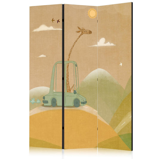 Paravent - Dreamy Traveler - Giraffe Driving a Car on a Beautiful Sunny Day Artgeist
