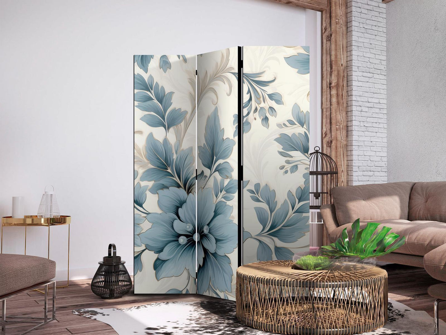 Paravent - Turquoise Flowers in Retro Vibe Floral Ornaments Artgeist