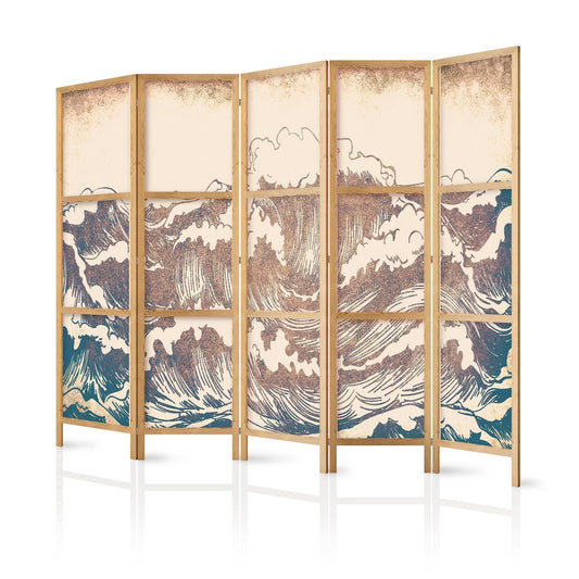 Japanischer Paravent - Turbulent Ocean - High Waves in Brown And Navy Colors on a Beige Background in Vintage Style Artgeist