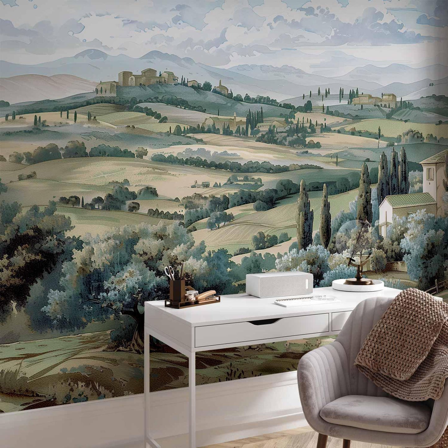 Fototapete - Landscape with Green Fields and Trees Tuscan Sunny View