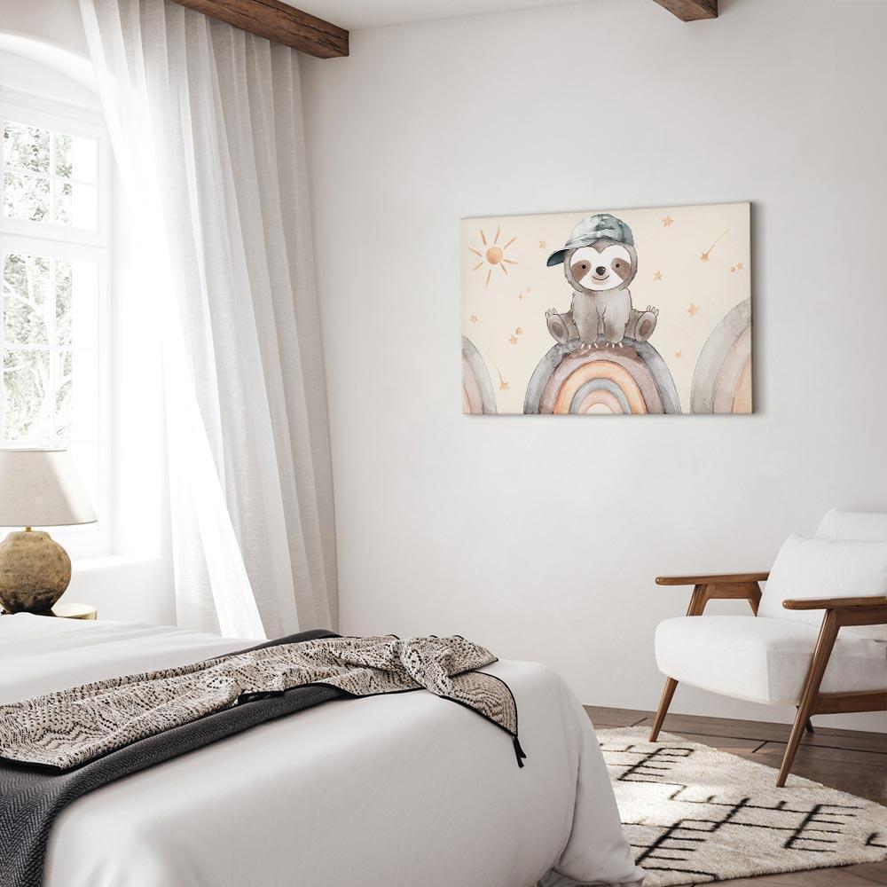 Leinwandbild - Happy Sloth - Sloth in Subdued Colors Wearing a Cap Sitting on a Rainbow Among Little Stars