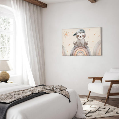 Leinwandbild - Happy Sloth - Sloth in Subdued Colors Wearing a Cap Sitting on a Rainbow Among Little Stars