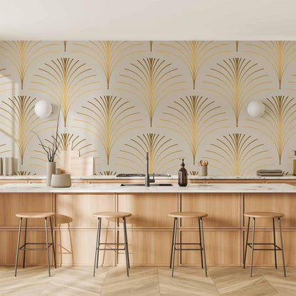 Gold linear pattern wallpaper on marble background in kitchen setting.