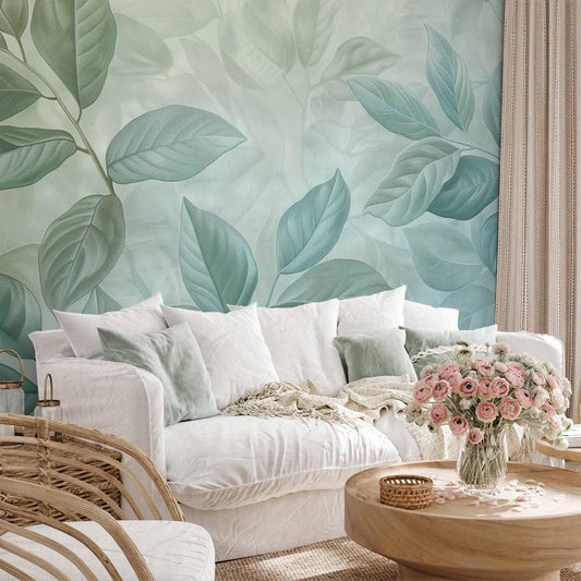 Fototapete - Large Leaves in Shades of Green-Mint: Botanical Motif Artgeist