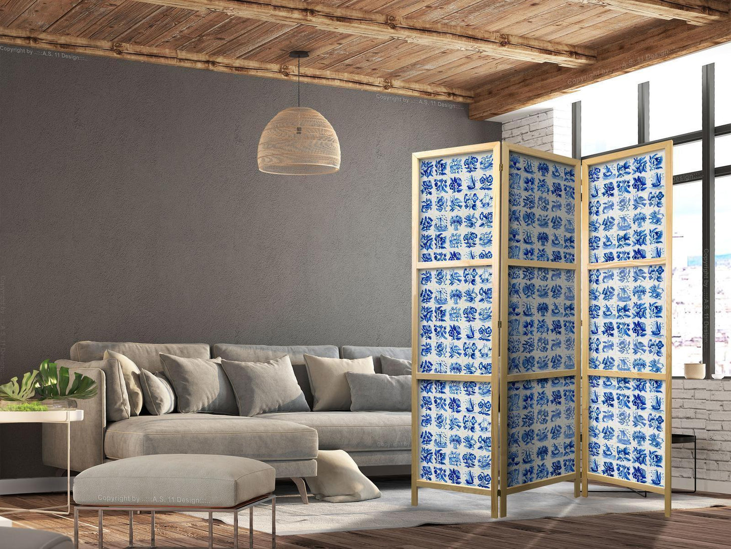 Japanischer Paravent - Ceramic Tiles - Traditional Portuguese Blue Tiles Azulejos Artgeist