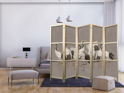 Japanischer Paravent - Crane dance - bright silhouettes of birds on a warm grey background with texture