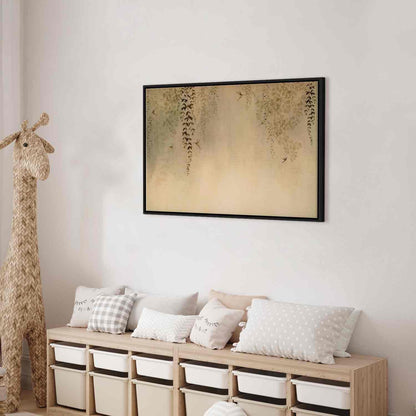 Leinwandbild - Spring Orchard - Hummingbirds Among Tree Branches in Beige Shades