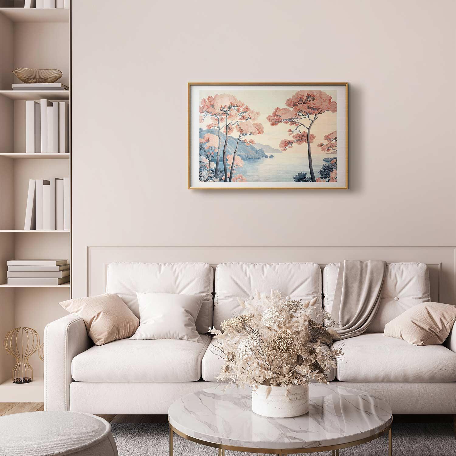 Poster - Ocean Cliffs and Trees Delicate Motif in Pastel Colors Artgeist