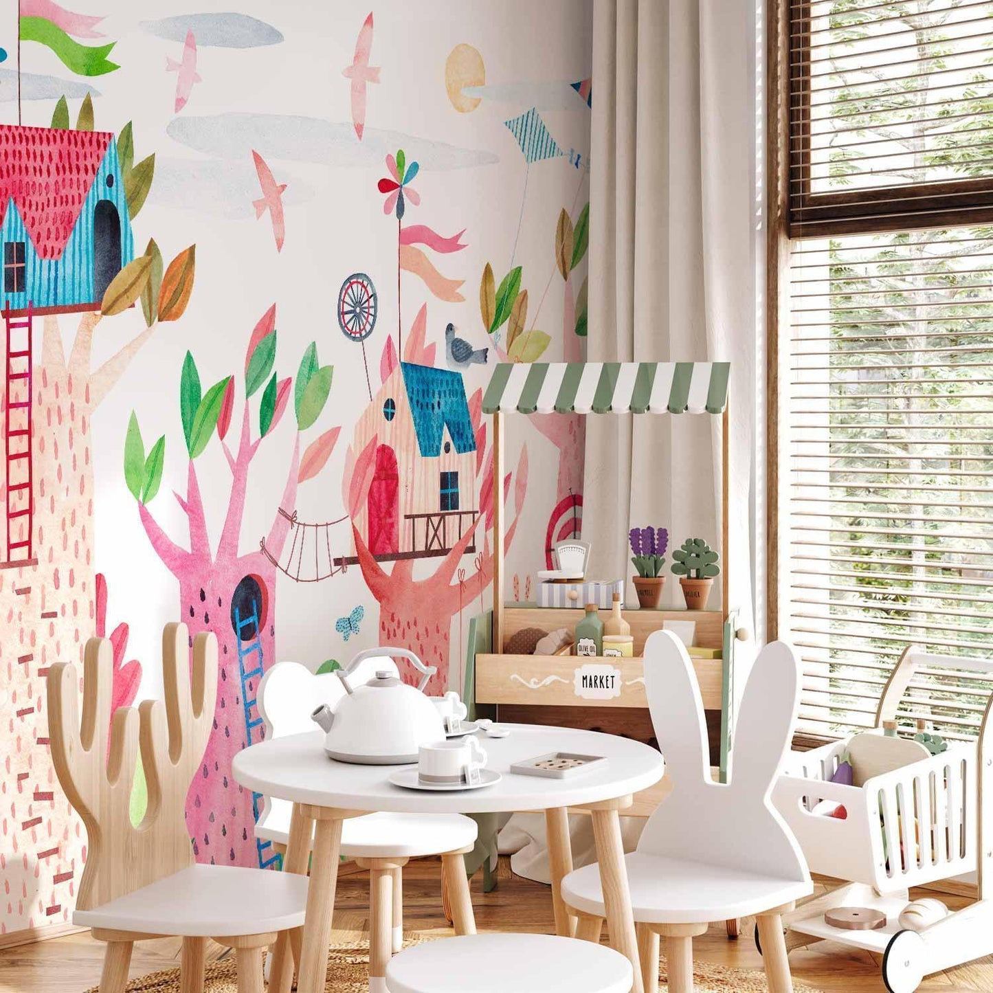 Fototapete - Painted tree houses - a colourful fantasy with kites for children