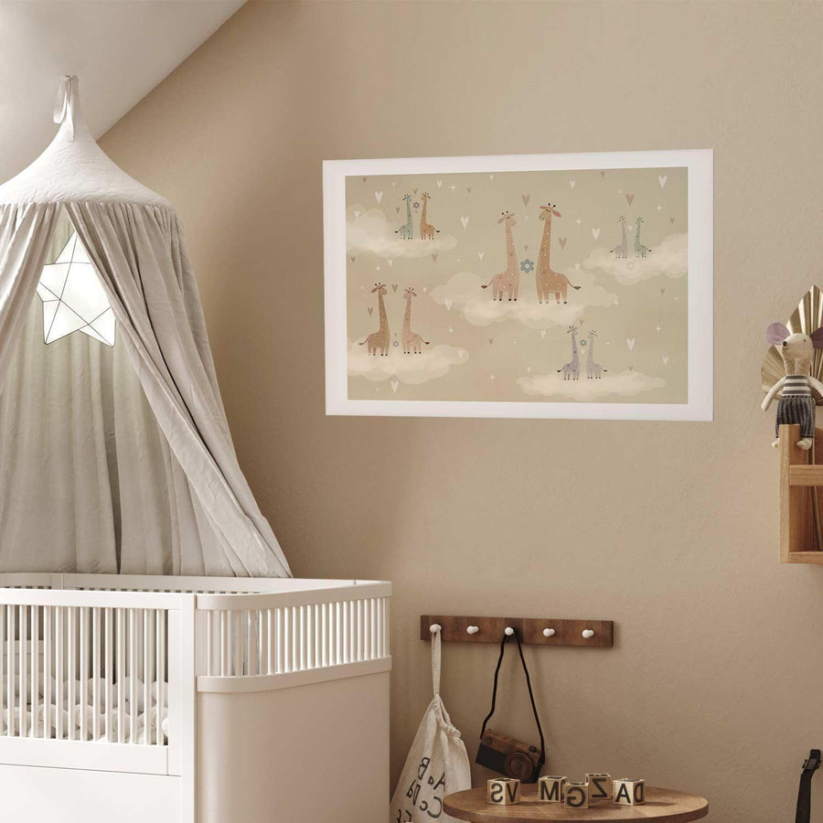 Cute poster of loving giraffes in a nursery room setting