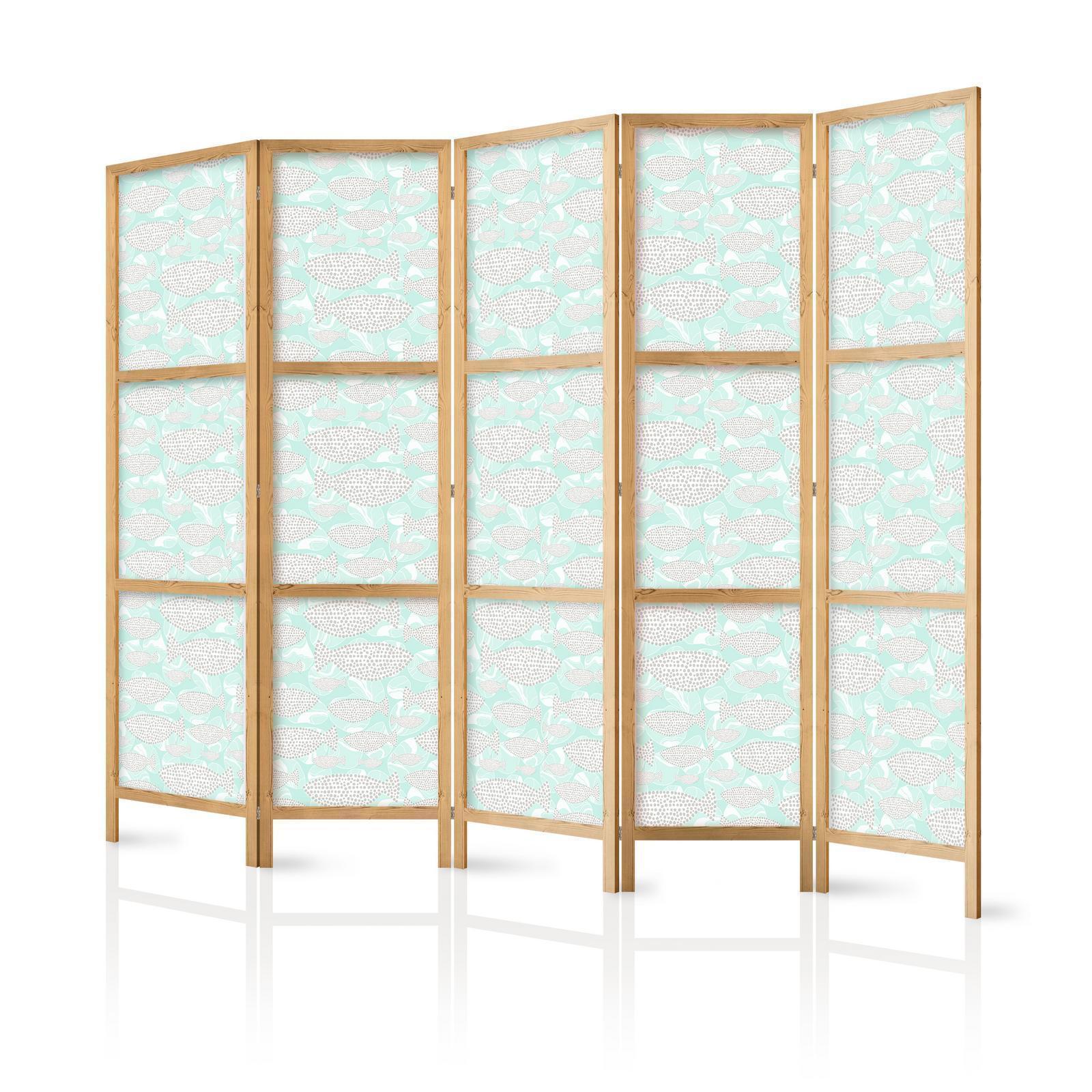 Japanischer Paravent - Minimalist Fish - Fishes From Grey Dots Against a Crystal Sheet of Water in Mint Green Colors Artgeist