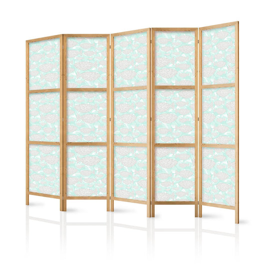 Japanischer Paravent - Minimalist Fish - Fishes From Grey Dots Against a Crystal Sheet of Water in Mint Green Colors Artgeist
