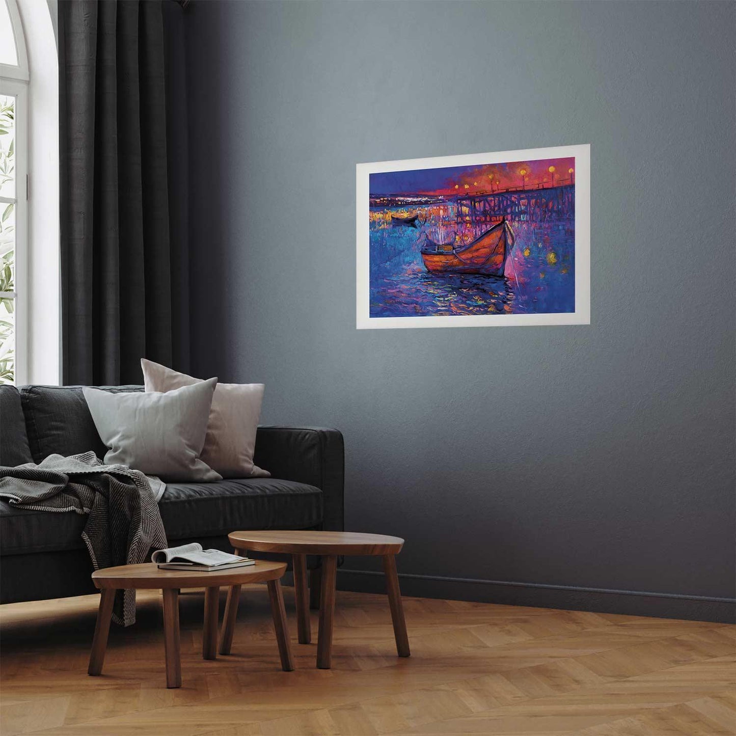 Poster - Modern impressionism - night landscape of a lake with a floating boat