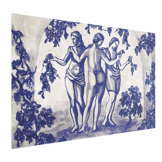 Poster - Ancient Vineyard - three women in a portal painted in blue ink Artgeist