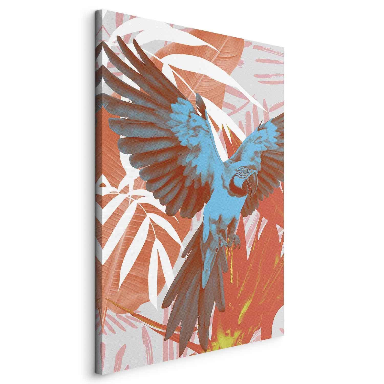 Leinwandbild - Exotic Wings - Parrot Among Abstract Leaf Patterns Artgeist