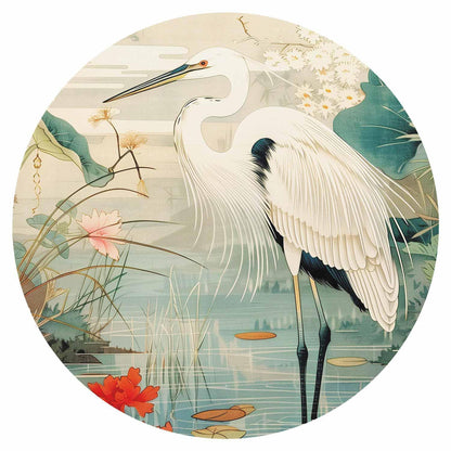 Runde Fototapete - By an Asian pond - an illustration in the style of a Japanese engraving, depicting a heron