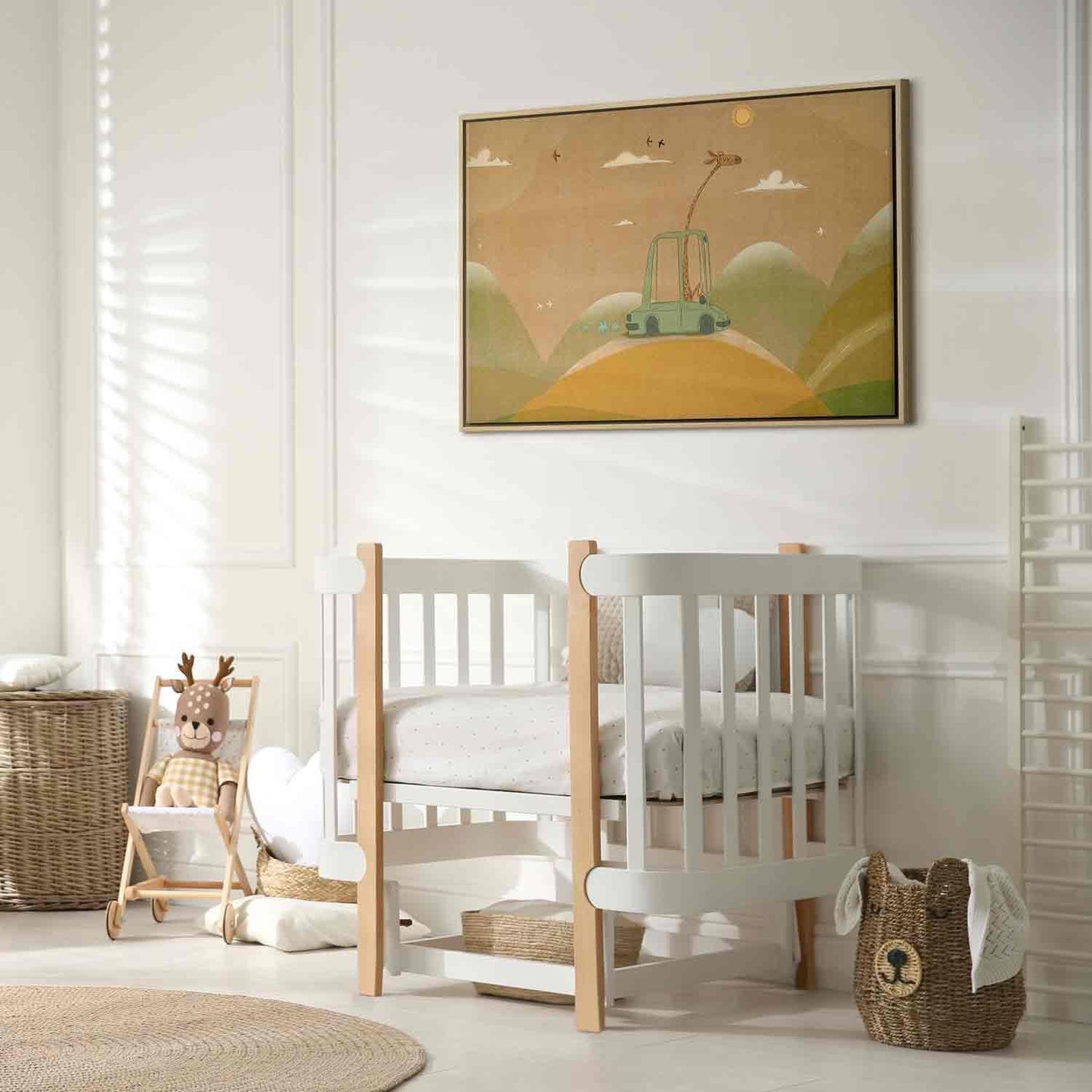 Leinwandbild - Dreamy Traveler - A Cheerful Giraffe Driving a Car on a Sunny Day