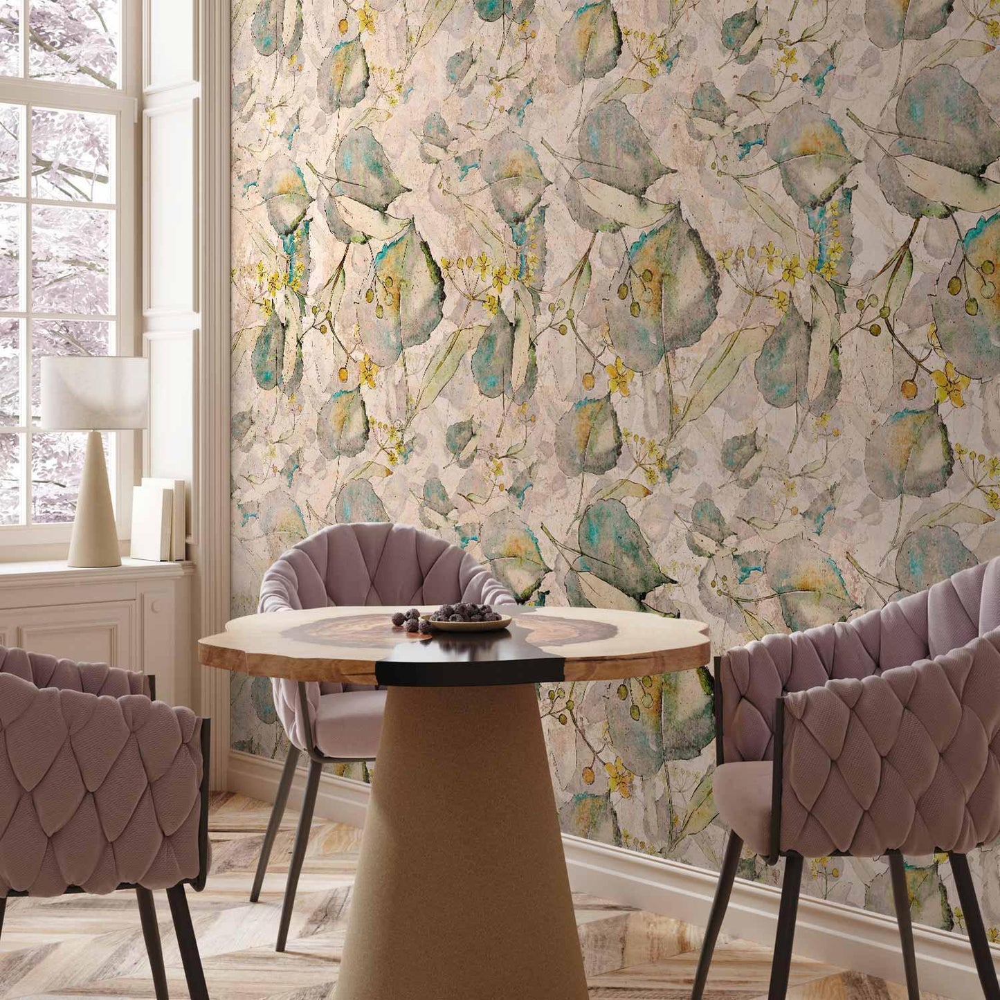 Fototapete - Green and yellow autumn souvenirs - floral design with leaves