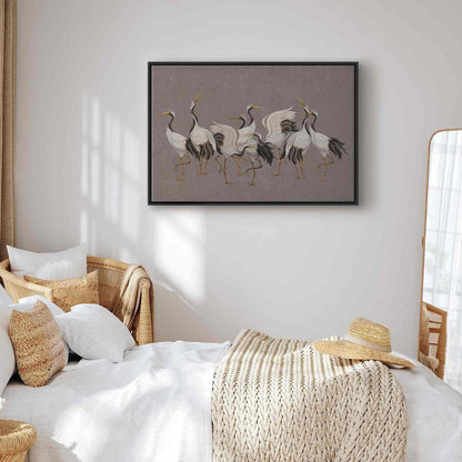 Leinwandbild - Crane dance – bright silhouettes of birds against a warm grey background with texture