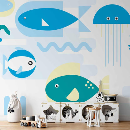 Fototapete - Animals in the sea - geometric blue fish in water for kids