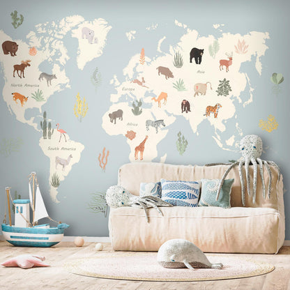 Fototapete - Pastel Planet - Animals and Underwater Plants on a Map Artgeist