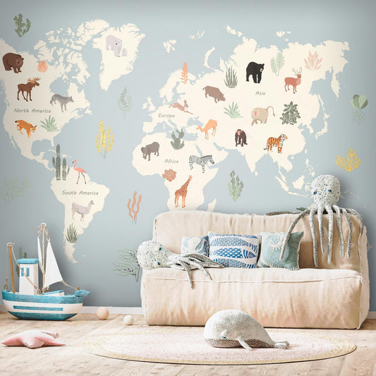 Fototapete - Pastel Planet - Animals and Underwater Plants on a Map Artgeist