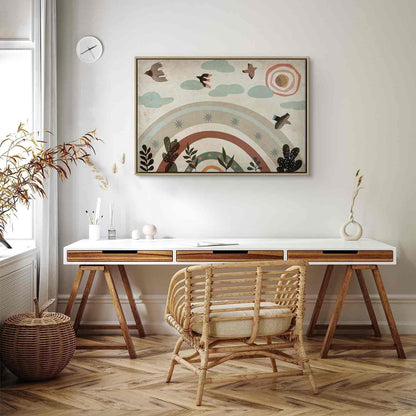 Leinwandbild - Rainbow and Sun Above - Birds in Subdued Colors Flying Among Clouds Above a Rainbow and Various Plants on a Light Background