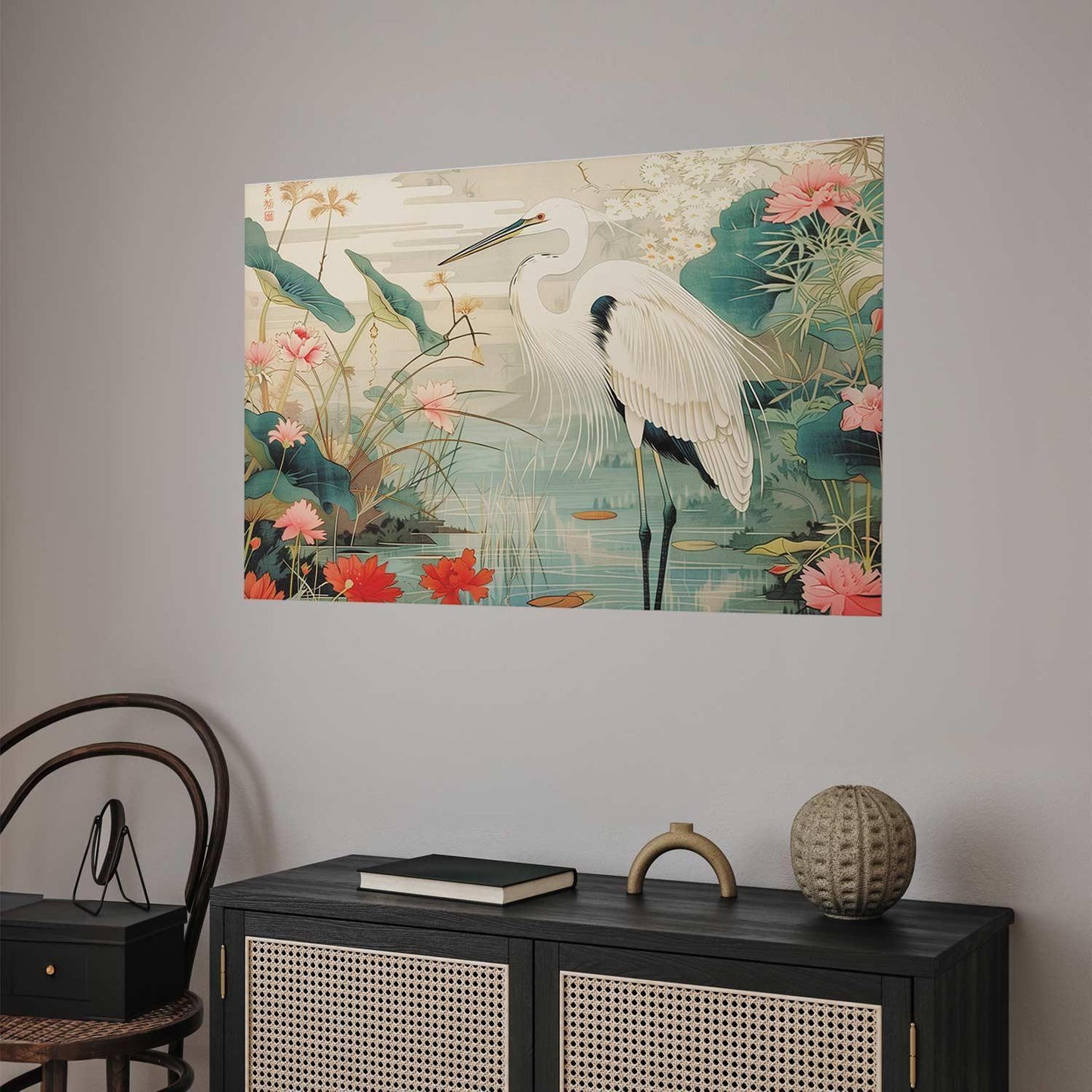 Poster - Over the Asian Pond - illustration in the Japanese print style featuring a heron Artgeist
