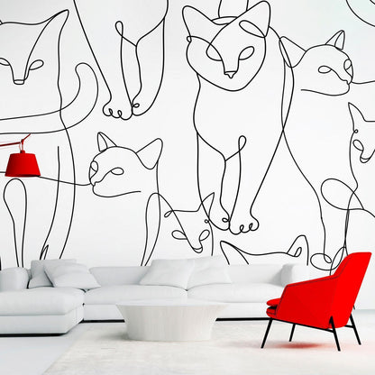 Fototapete „Cat Lineart“ – Minimalistische Katzen-Skizzen auf Weiß Artgeist