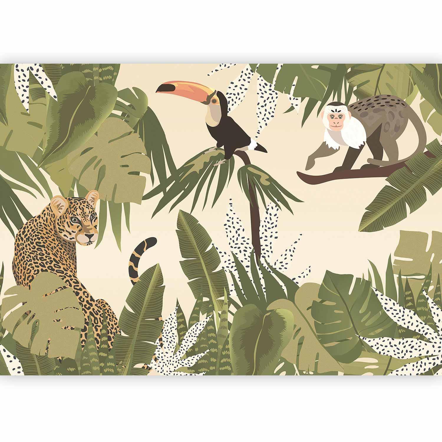 Fototapete - Leaves and Shapes - Jungle in Faded Colours With Animals Artgeist