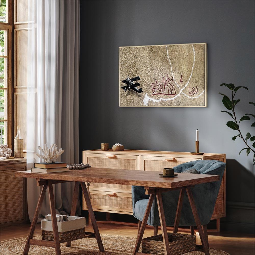 Leinwandbild - Banksy's Plane (1-part) - Red Graffiti Text on Mural Background