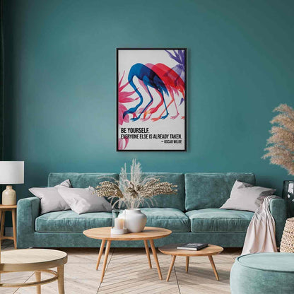 Leinwandbild - Colorful Flamingos - Inspirational Quote with Colorful Bird Silhouettes