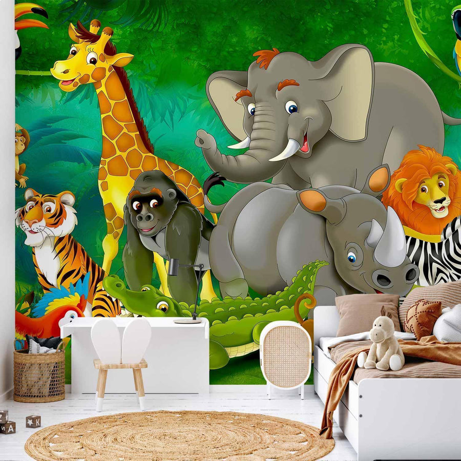 Fototapete Colourful Safari – Bunte Tierwelt für Kinderzimmer & Wohnräume